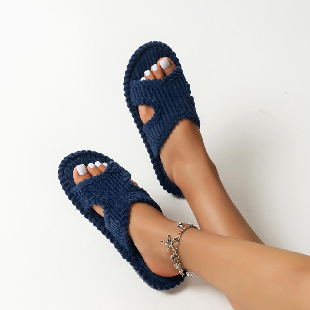 Fashion Solid Striped Women's Cotton Fabric Slippers Indoor Cross Strap Open Toe Flat Flip Flops Autumn Lightweight Comfort Slides