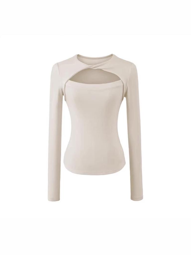 Korean Design Twist Neck Cutout Slim Fit Long Sleeve T-shirt for Women - 2026 Spring Collection