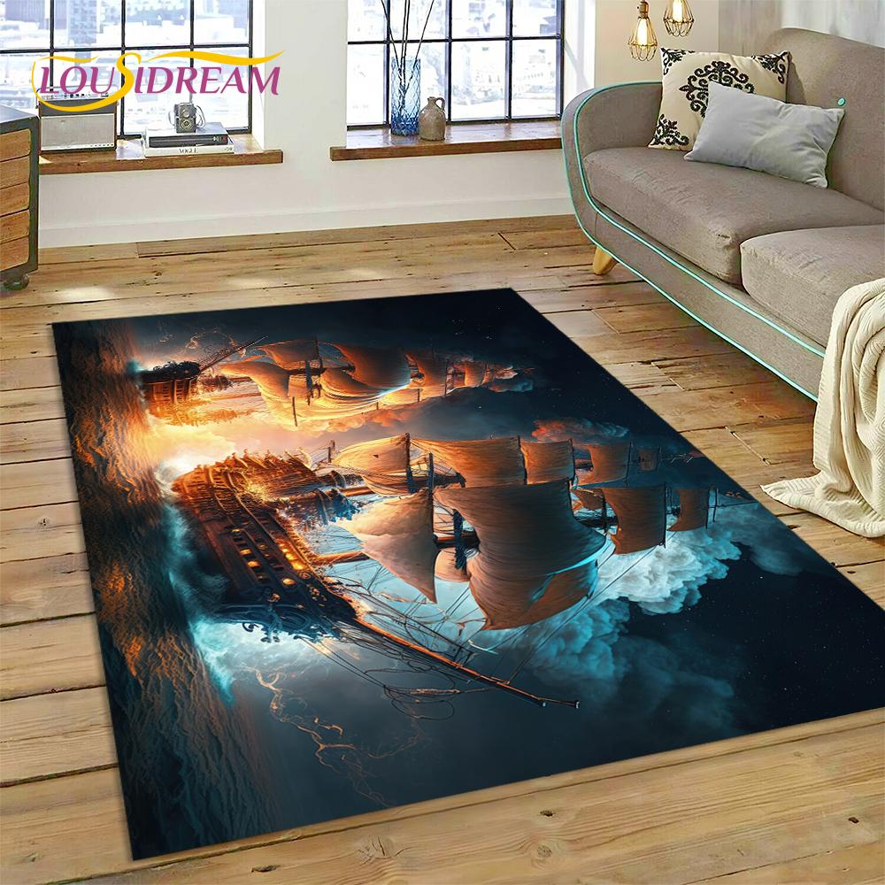 Ancient Pirate Ship Boat,Barque,Sailboa Rug Carpet for Living Room Bedroom Decor,Floor Mat Non-slip Decoration for Sofa Doormat