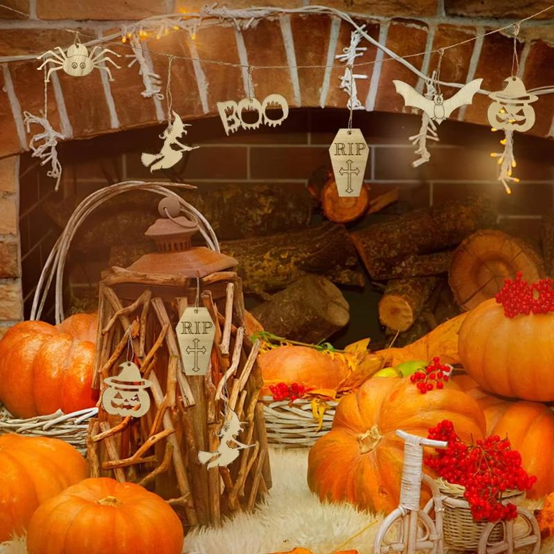 6 PCS Wooden Slices Hanging Ornaments Halloween Crafts for Kids DIY Decorations Indoor Party Supplies