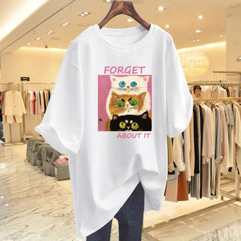 

Pure cotton medium and long t-shirt women s short-sleeved spring and summer new foreign style fashion cat print loose age-reducing tee top S
