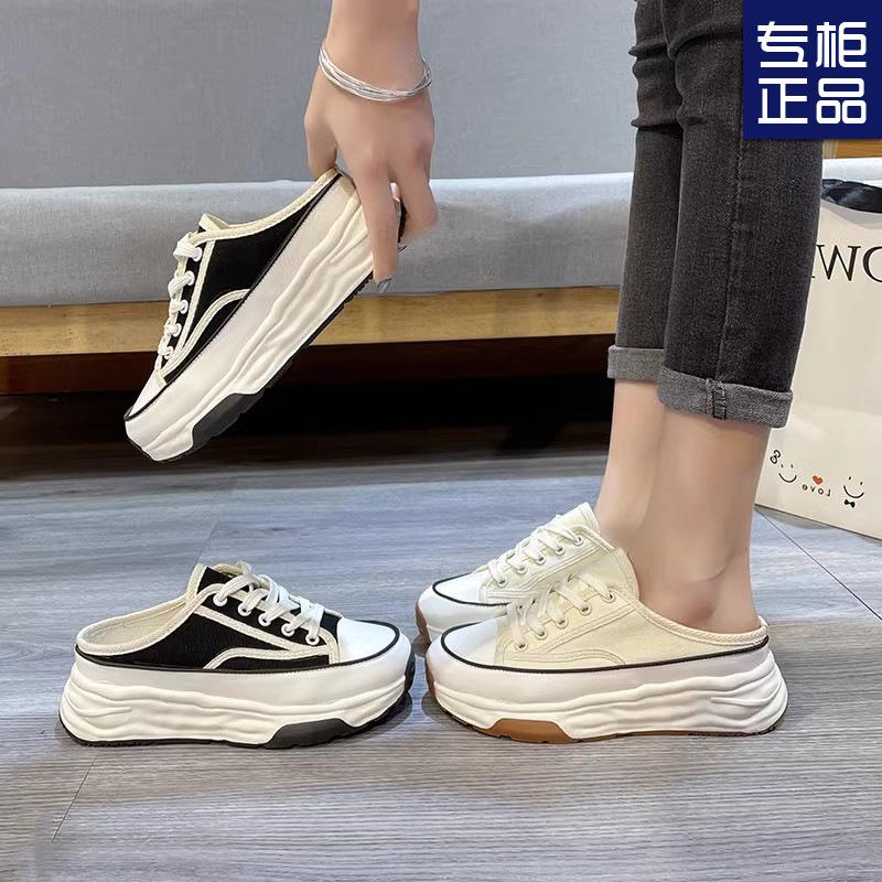Baotou Slippers Women's Summer Wear 2025 New Canvas Shoes Without Heel Versatile Lazy Half Drag Thick Soles Ins Tide