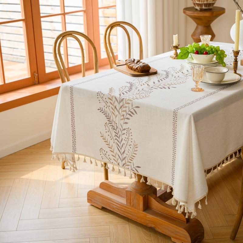 Embroidery High-Grade Waterproof Cotton And Linen Fabric Dining Table Cloth Rectangular Fringe Simple Tablecloth