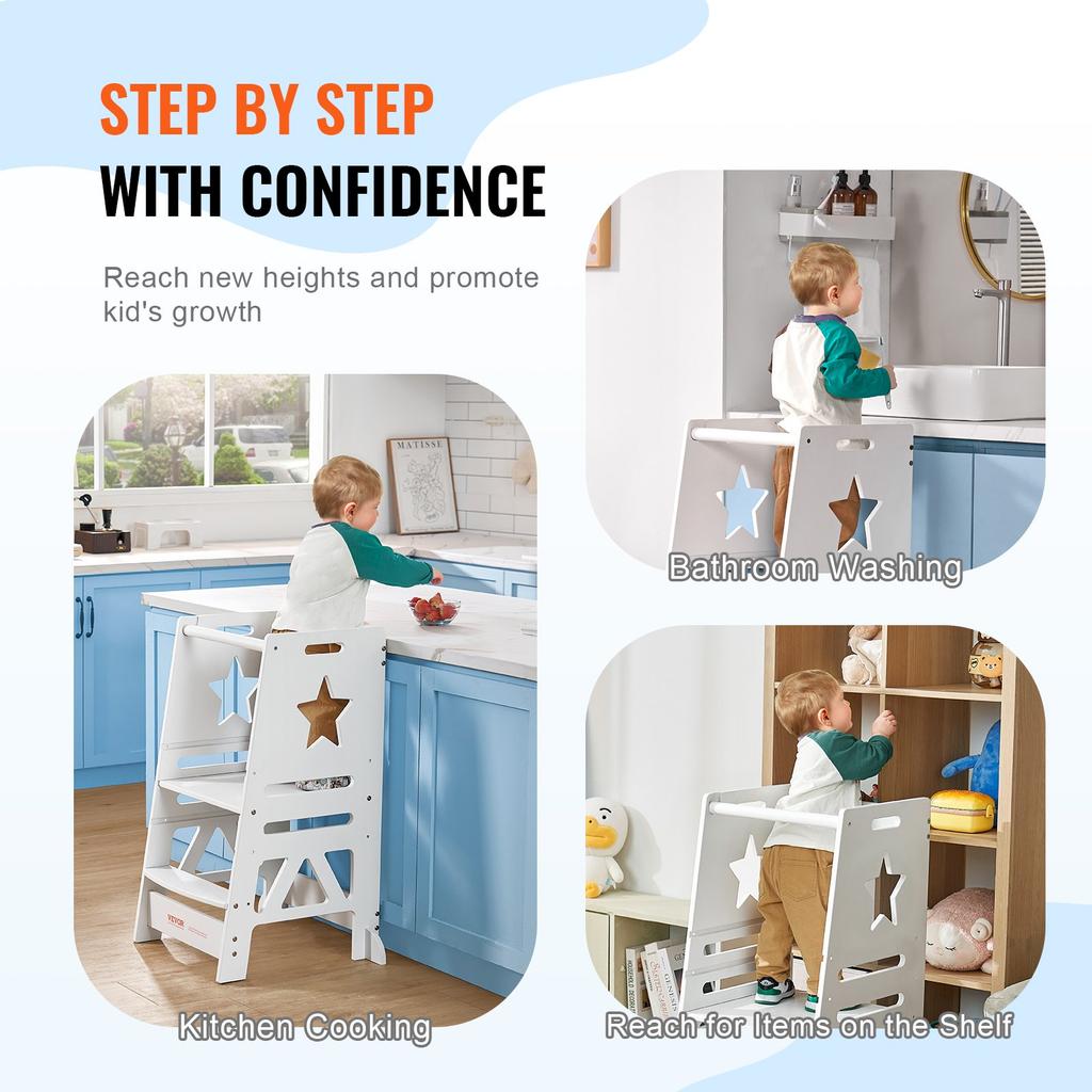 VEVOR Tower Step Stool for Kids and Toddlers, 3-Level Height Adjustable Toddler Kitchen Stool Helper