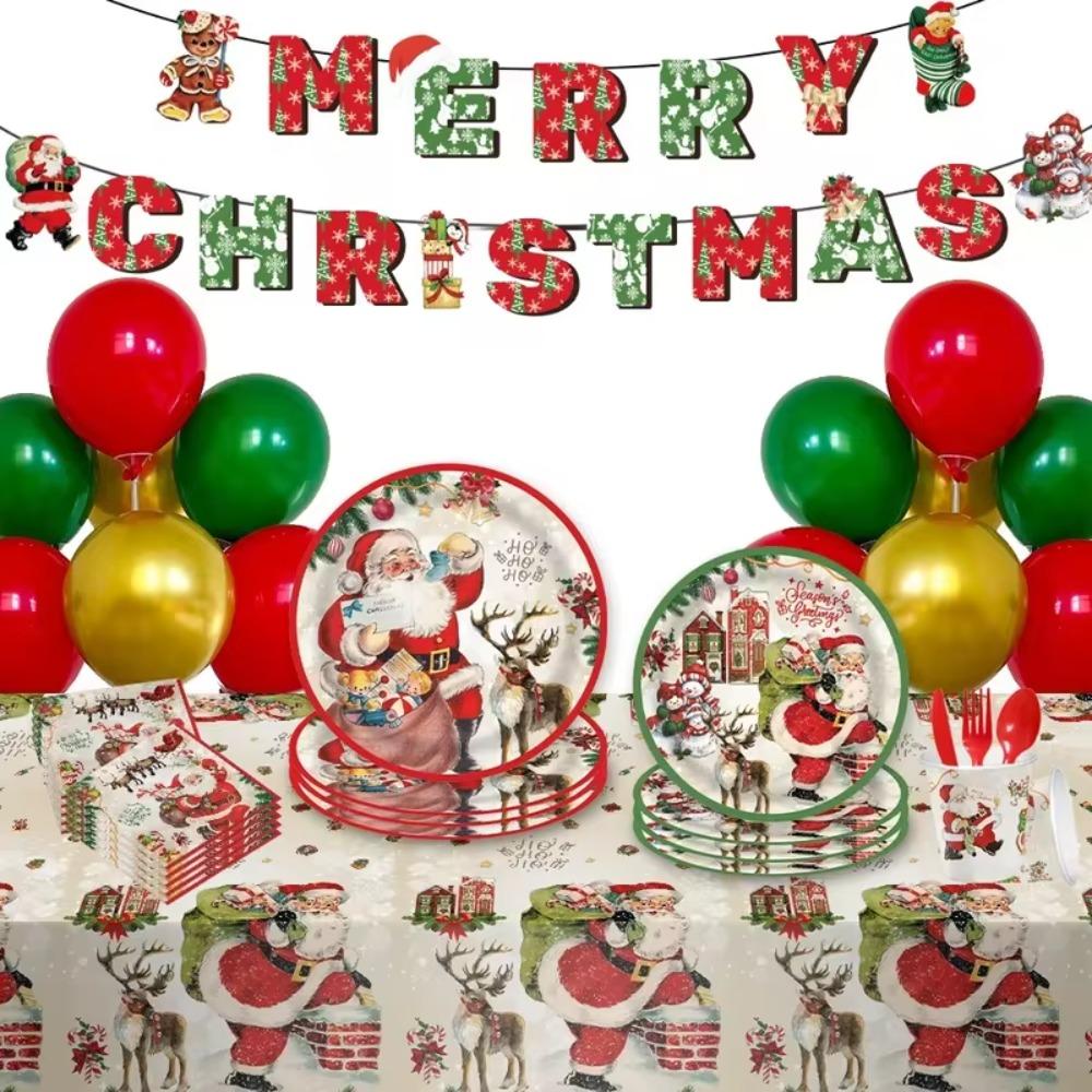 Thickened Christmas Disposable Tableware Set Santa Claus Print Paper Plate and Cups  New Year 2025