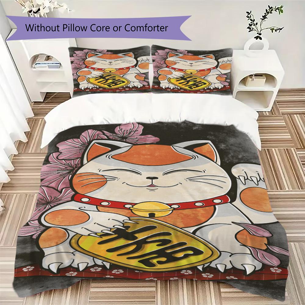Lucky Cat Pattern Bedding,Quilt Set Quilt Cover Pillowcase Home Birthday Gift (1*duvet cover+2*pillowcase,without core)ZSJT0917220