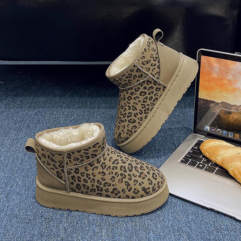 Winter snow boots women's short tube thickened bread shoes velvet warm leopard print cotton boots