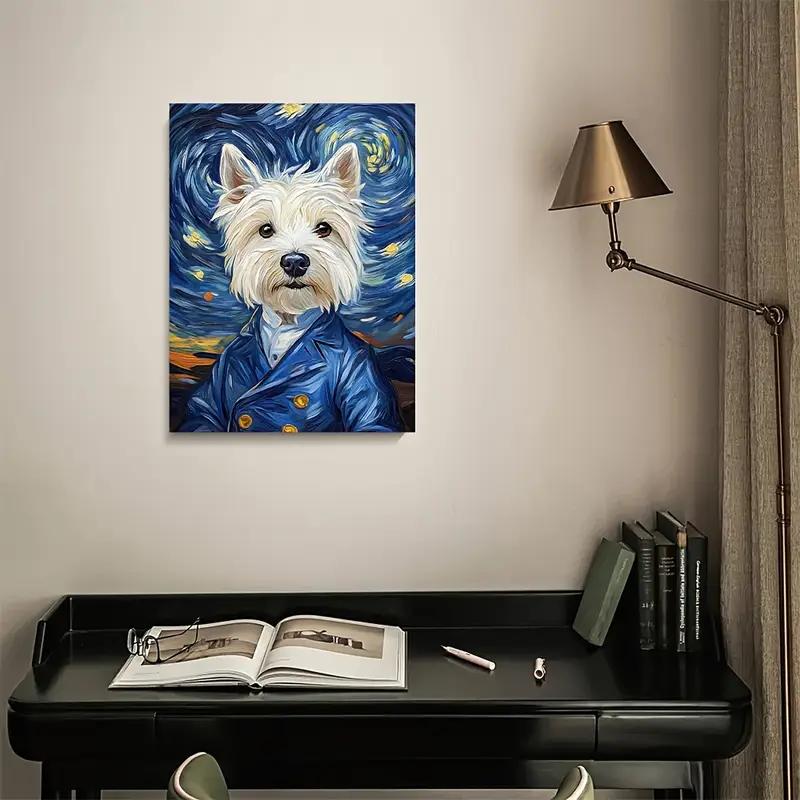Van Gogh-Style West Highland White Terrier (Westie) Dog - Hand-Painted-Look No Framed Canvas Art