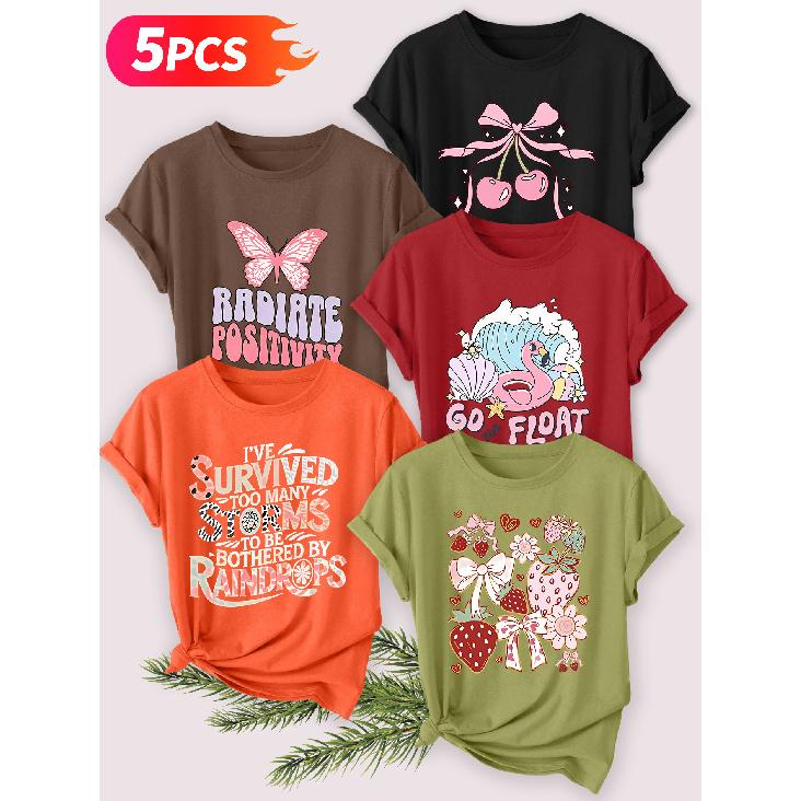 Five-piece set Elegant short-sleeved shirt for women Sunset Coast Print Round Neck Women's Short Sleeve Suitable for Spring and Summer Fashionable