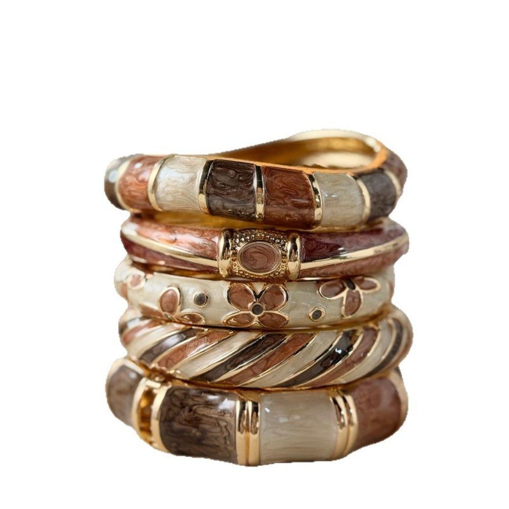 Geometric Striped Vintage Coffee Brown Enamel Wide Cuff Bracelet Open Bracelet Daily Party