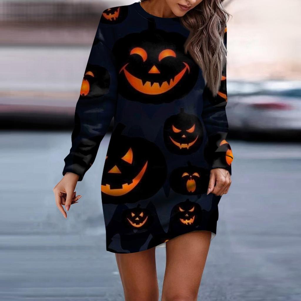 Women's Round Neck Halloween Long Sleeve Hip Dress Sweater Dress