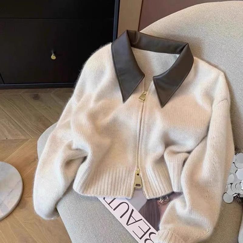 Zipper Cropped Cardigan Women Thick Knitted Sweater Bomber Jacket Vintage Short Fitted Knitwear Coat
