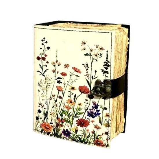 Handmade Leather Journal with Floral Design | Deckle Edge Paper Diary | Vintage Lock Notebook | 5x7 Inch, 200 Pages