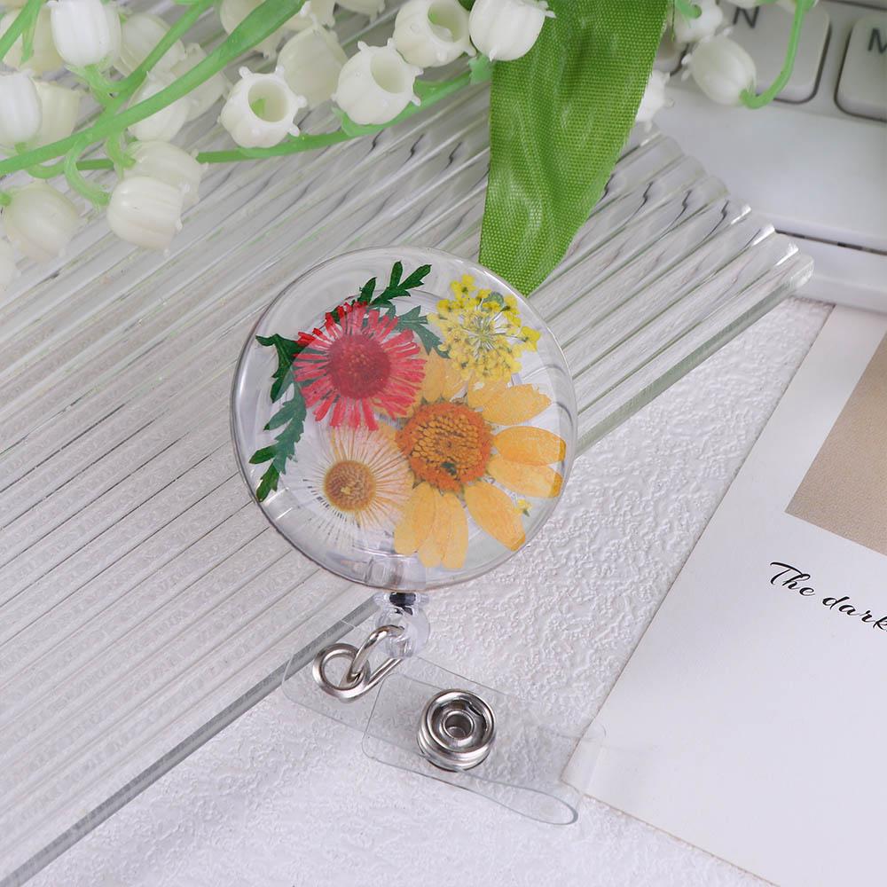 Resin Transparent Key Holder Pressed Floral Card Badge Holder Reels Keyring Badge Reel ID Lanyard