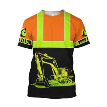 Excavator 3D Printed T-Shirt Mechanical Operator Short Sleeve Breathable Loose T-Shirt Outdoor Summer Job