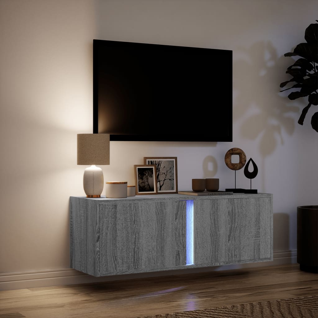 Wall Mounted TV Cabinet with LED Lighting Grey Sonoma 100 x 31 x 35 cm