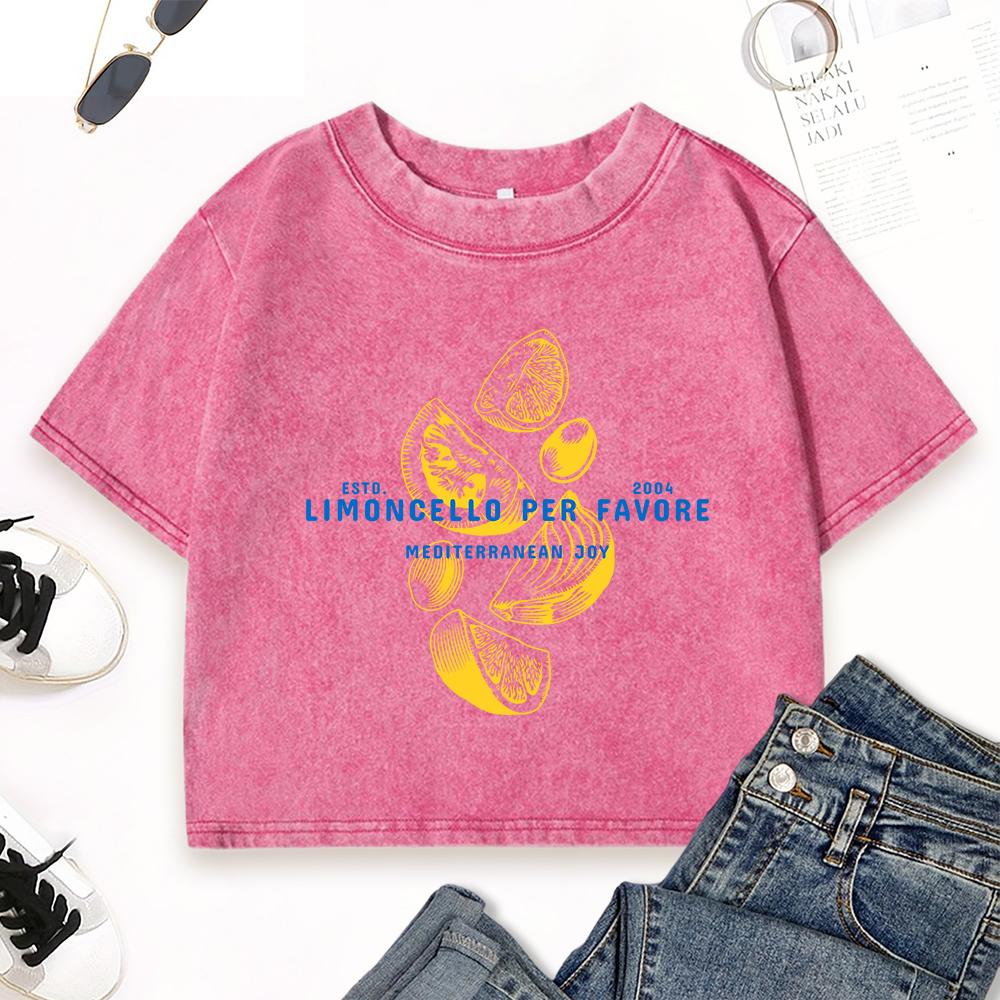 Lemon Cello Art Letter Printed Washed Crop T-Shirts Womens Multicolor Cotton T-Shirt Summer Slim Clothing Sport Tops