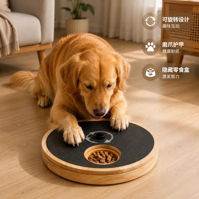 Wooden Dog Scratch Board Rotating Treat Puzzle Toy Slow Feeder Food Dispenser Nail File Paw Grinder Training Game Pet Supplies