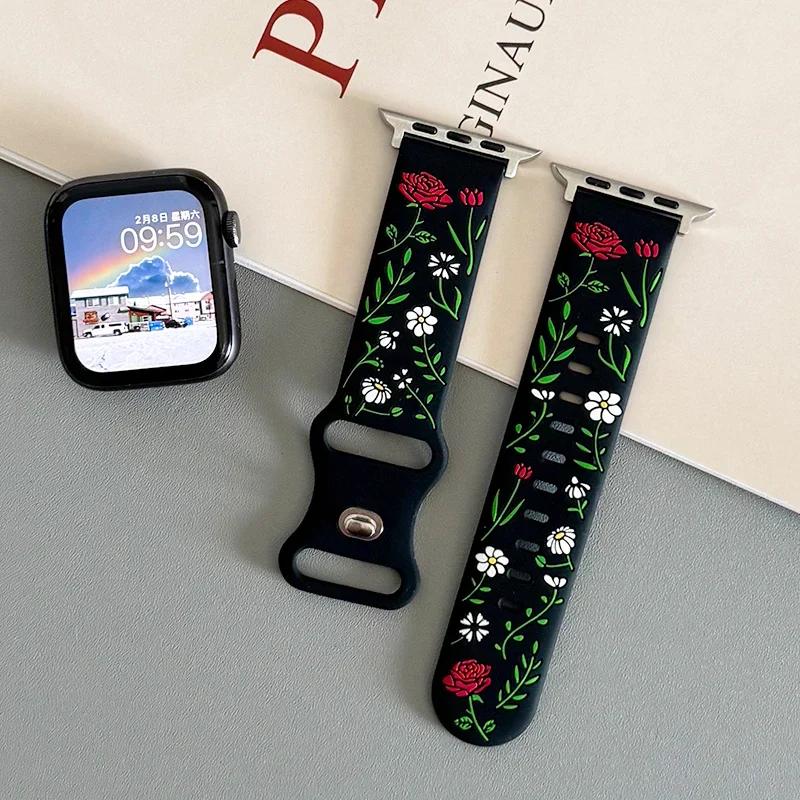 New Floral Engraved Bracelet For Apple Watch Band 44mm 42mm 41mm 40mm 45mm 49mm 46mm Correa Iwatch Series 10 9 7 SE 6 8 Ultra