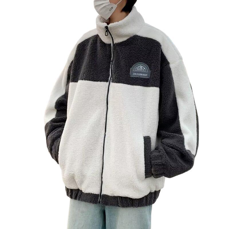 2024 Herren Trendige Lammwoll-Fleecejacke: Lockerer Stehkragen Colorblock Baumwollwattierter Mantel