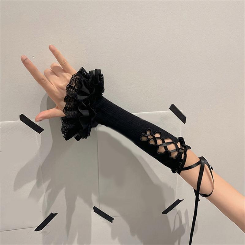 Elegant Lace Trim Flare Arm Sleeves With Ballet and Ribbon Design For Dance And Theme Event Dressingup Anime Armwear