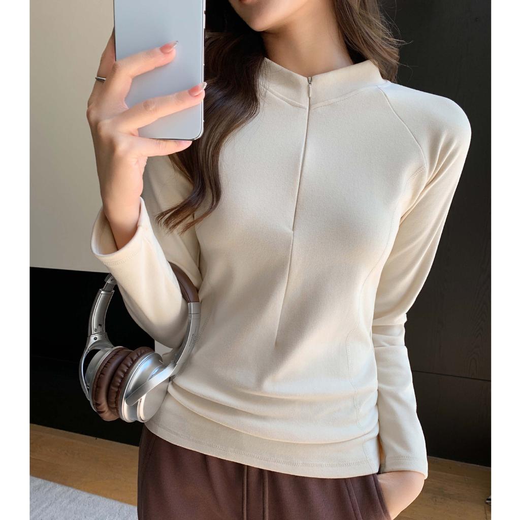 Women Stand Collar Zipper Slim Long Sleeve Warm Inner Base T Shirt