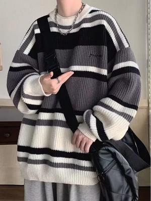 Men's Retro Japanese Striped Knitted Sweater Jacket - Autumn/Winter, Thick & Trendy