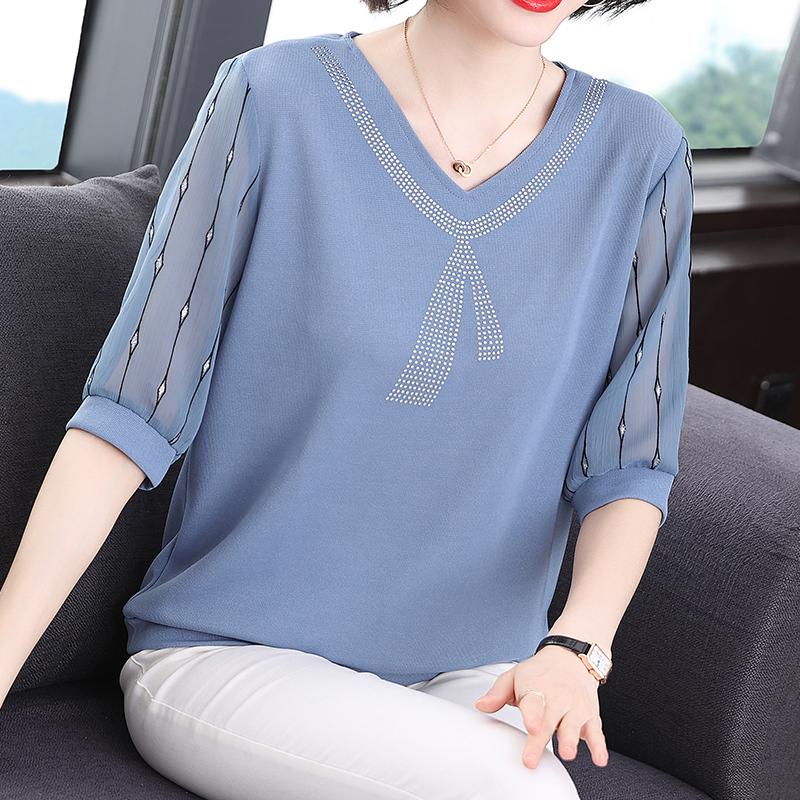 Versatile Temperament Elegant and Casual Summer Printed Women's Half Sleeved T-shirt Fashion Thin Loose Sequin V-neck Tops