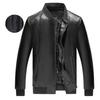 Men Coat Solid Color Stand Collar Windproof Faux Leather Thicken Plush Lining Zipper Jacket Streetwear