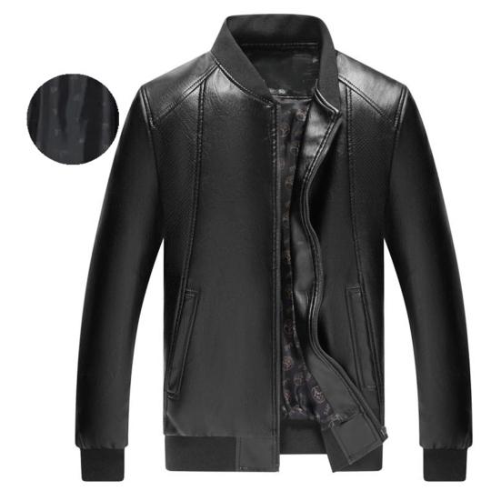 Men Coat Solid Color Stand Collar Windproof Faux Leather Thicken Plush Lining Zipper Jacket Streetwear