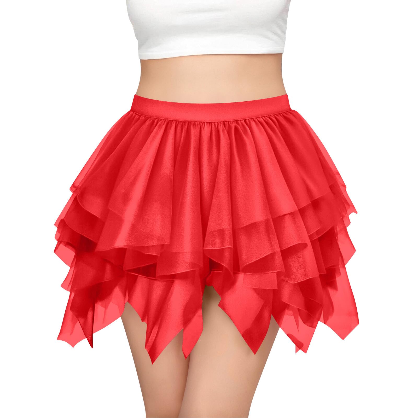 

Women s High-Waisted Versatile Asymmetric Cute Tiered Skirt S червоний