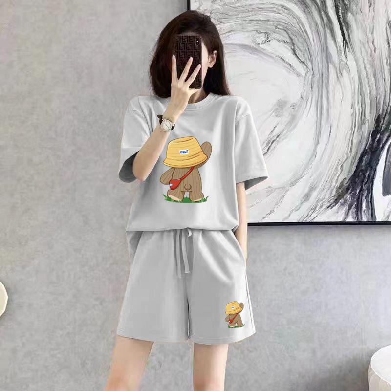 

Женский комплект из 2 предметов большого размера, летний повседневный модный комплект с шортами с коротким рукавом, свободный спортивный комплект из двух предметов из чистого хлопка 3XL серый