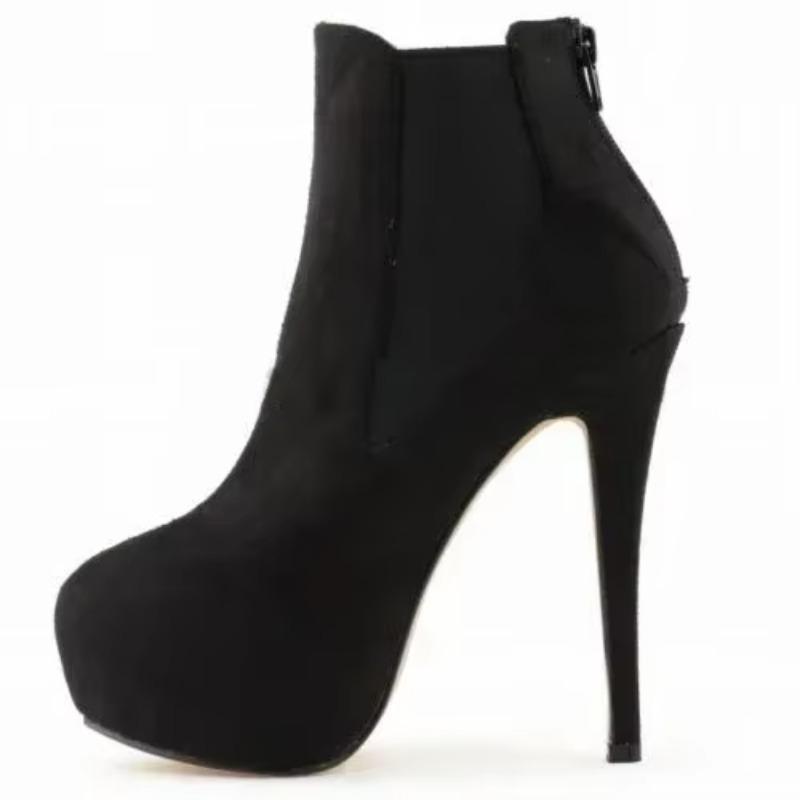 

Женские ботильоны Зима Осень Сексуальные 14см Круглый носок Высокий каблук Короткие ботинки Сексуальная платформа Молнии Черные Вечерние туфли Большой размер 43 35