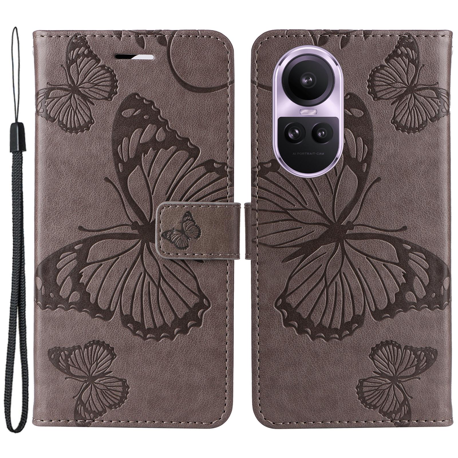 

Для Oppo Reno10 5G (Глобальний)/Reno10 Pro 5G (Глобальний) Чохол-гаманець Шкіряний чохол для телефону з квітковим та метеликовим тисненням, підставка Grey