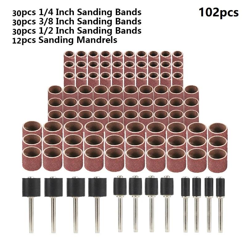 102/132pcs Sanding Drum Set 1/4 3/8 1/2 Inch Sanding Bands With Sanding Mandrels