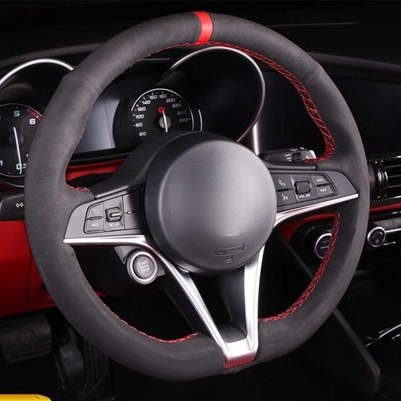 Hand-Stitched red line Red Label suede non-slip car Steering Wheel Cover For Alfa Romeo Stelvio Giulia Auto Parts