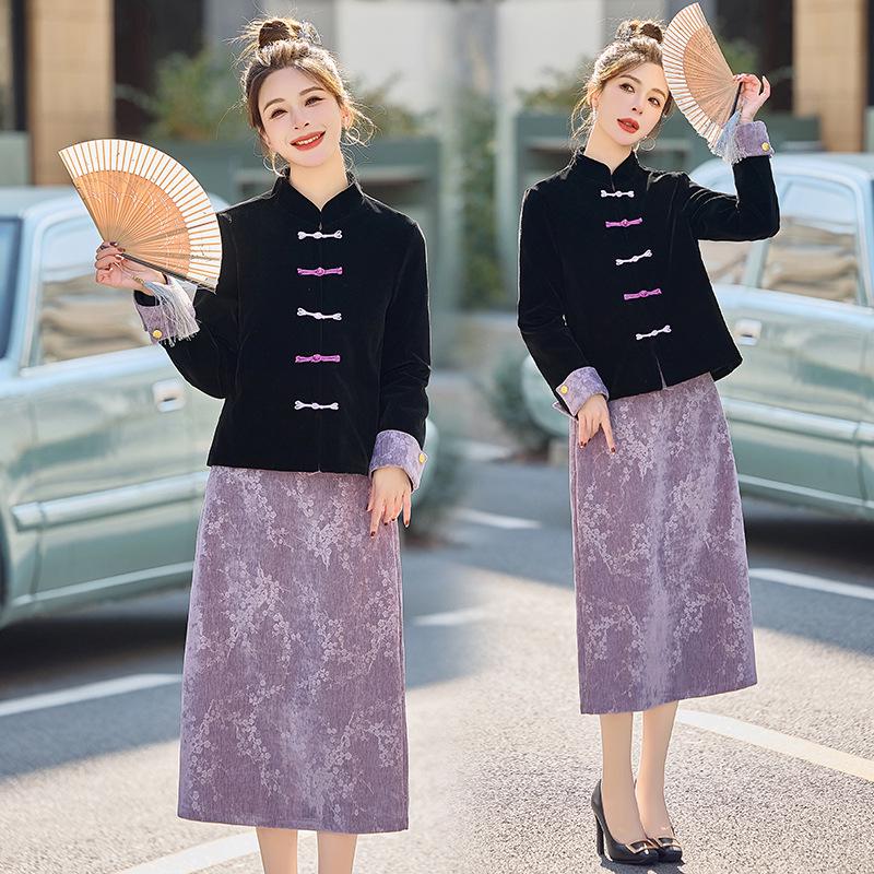 2025 Women's Slim Chinese-Style Jacket Skirt Two-Piece Suit for Spring & Autumn