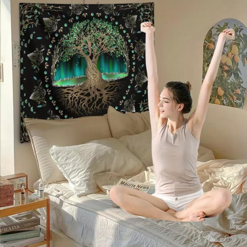 2D Tree of Life Tapestry with Northern Lights Black Background Wall Hanging