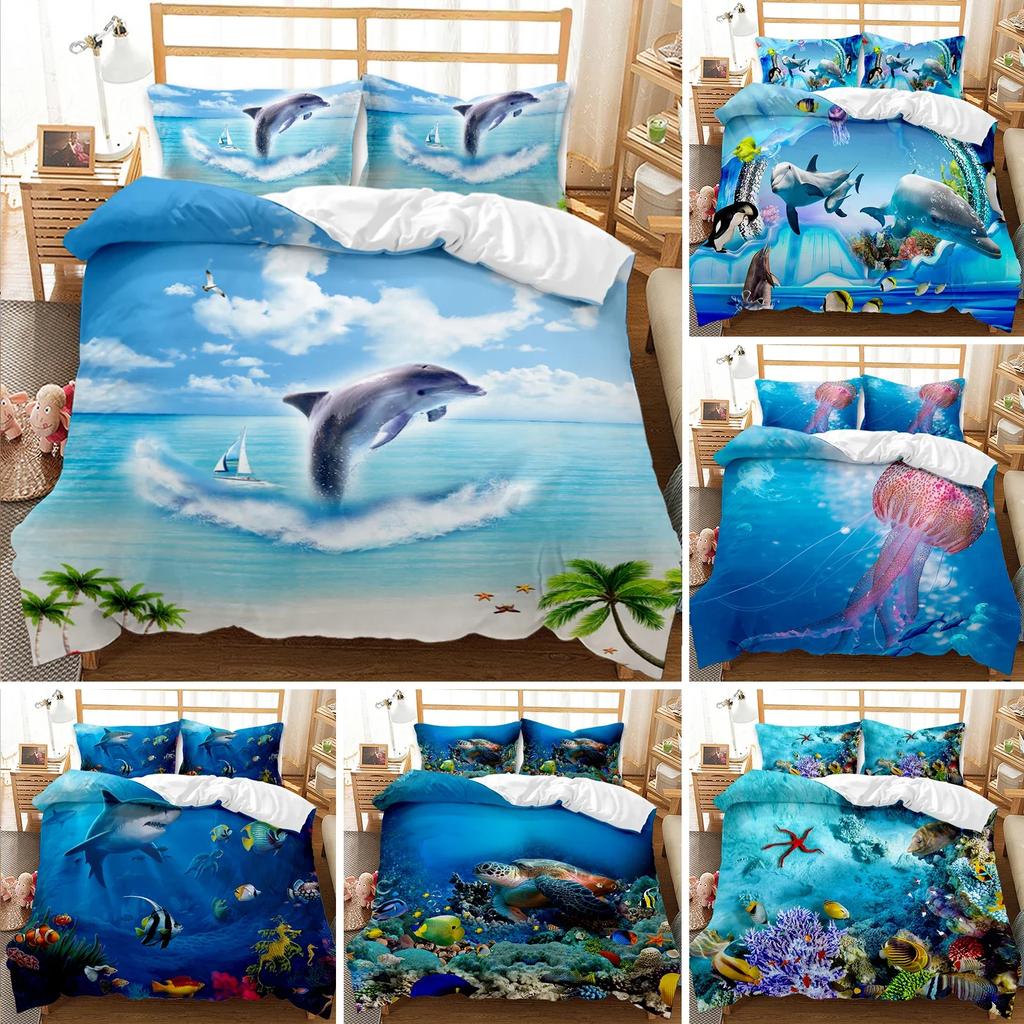 Hai-Bettwäsche-Set, Kingsize, für Mädchen und Jungen, tropische Meereslebewesen, Ozeanfische, Meeresschildkröte, Regenbogenfarben, Korallen-Polyester-Bettbezug