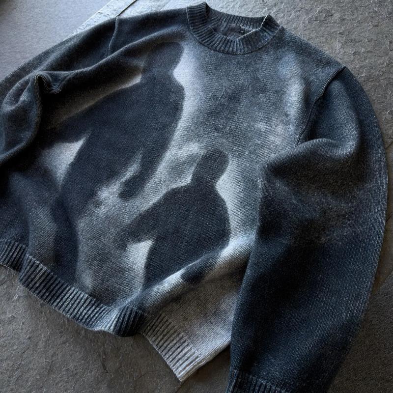 VibeStreet High Street Gradiente Astratto Artistico Ritratto Modello Maglione Lavorato a Maglia Lento Europeo Punk Gotico Girocollo Manica Lunga Maglione