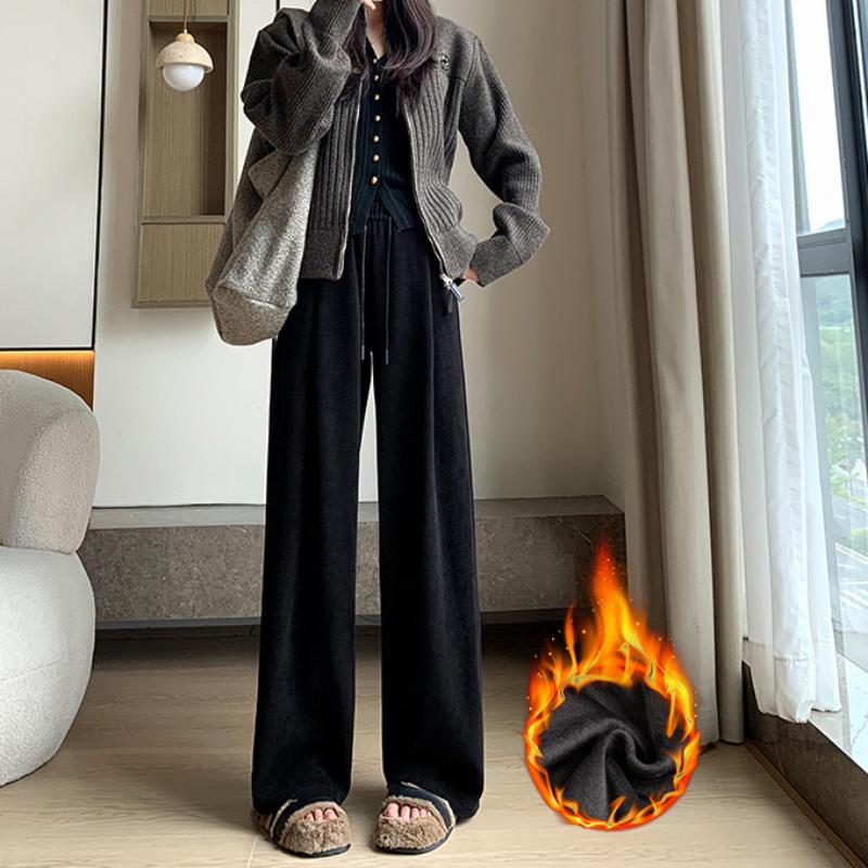 

Хаки Брюки широкие для женщин Плюс бархат Зимние с высокой талией Свободные Прямые Драпировка На шнуровке Повседневные Ленивые Вязаные брюки XL