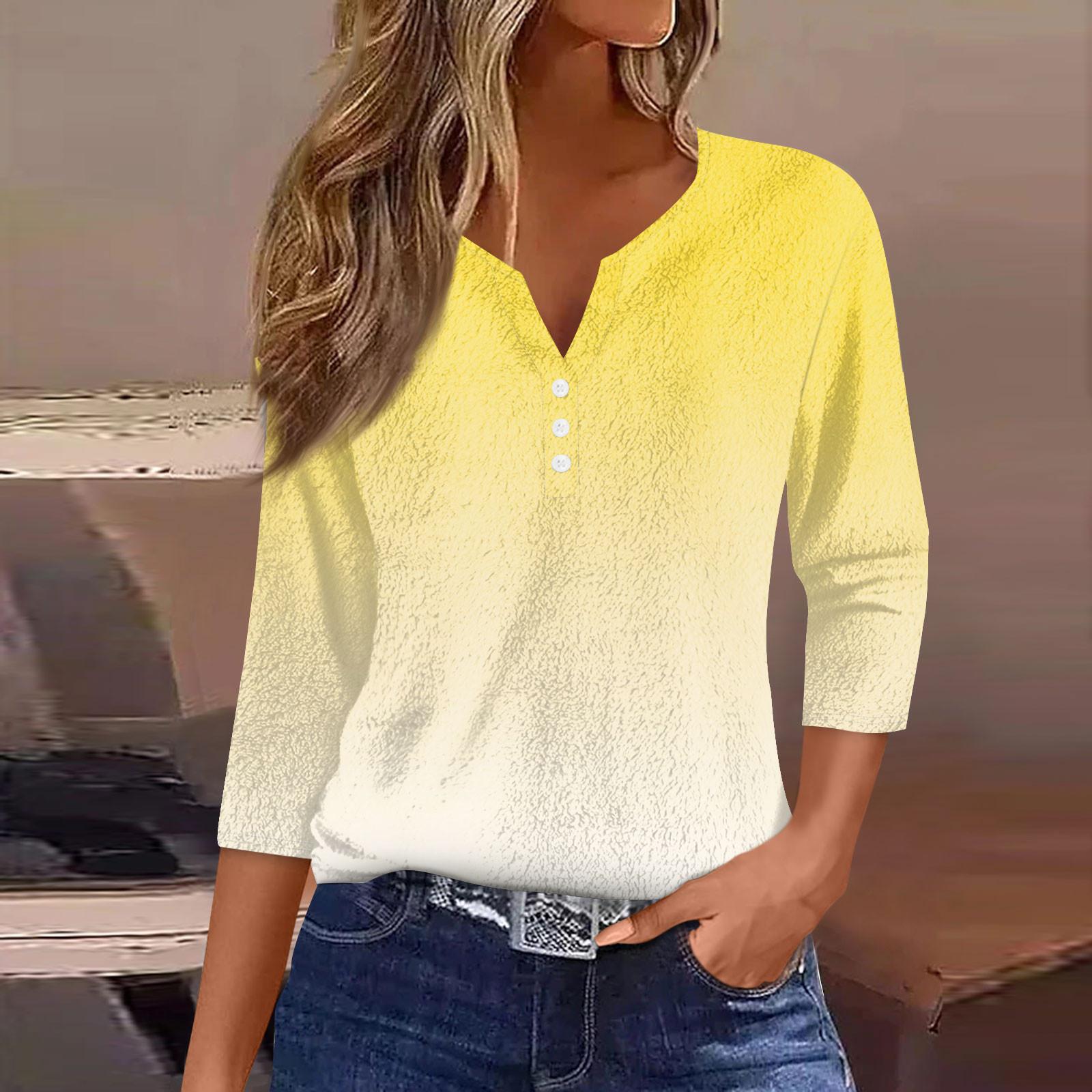 

Женская модная повседневная футболка с принтом, рукав 7/10, застежка на пуговицы XL жёлтый