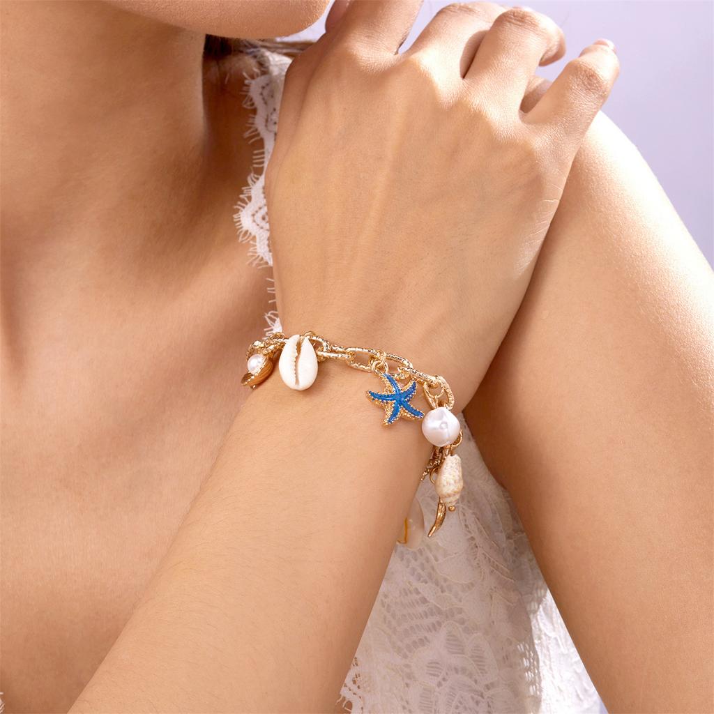 gold beaded bracelet, Bohemian style exquisite   conch pearl pendant bracelet adjustable, summer beach popular paper clip chain