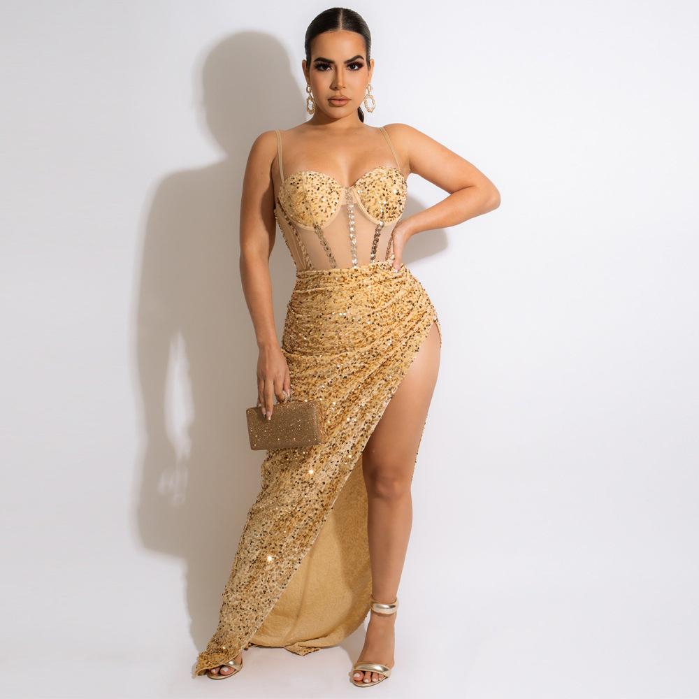 CY9181 European and American fashion sexy strap waist-cinching sheer high-slit exposed back-hugging dress