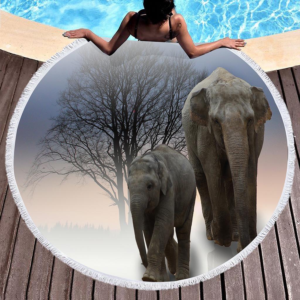 Wild Animal Elephant Round Beach Towel with Tassels Microfiber Soft Absorbent Quick Dry Sand Proof Towel For Picnic Camping Yoga