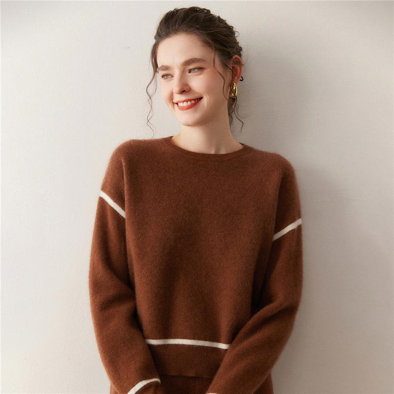 Lekasha 2026 Autumn Contrasting Color Cashmere Pullover - Thickened, Loose Fit, Round Neck, Short Style Sweater