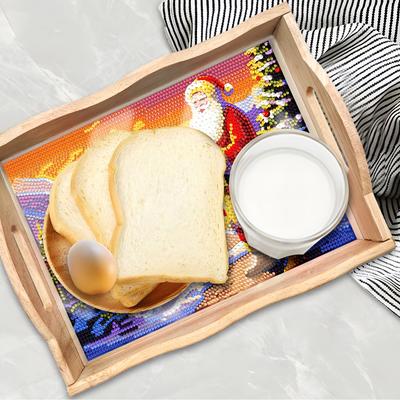 Christmas Diamond Painted Wooden Dining Plate With Side Handles Handmade Tableware Manager Tray For Dish Snack Salad Dessert