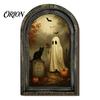 Handcrafted Retro Wooden Decor Halloween Arched Wall Hanging Plaque, Double-Layer Distressed Ghost Cat Ornament, Rustic Tabletop Signs Gothic Vintage
