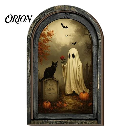 Handcrafted Retro Wooden Decor Halloween Arched Wall Hanging Plaque, Double-Layer Distressed Ghost Cat Ornament, Rustic Tabletop Signs Gothic Vintage
