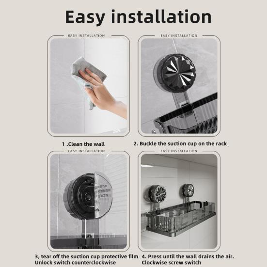 Bathroom Storage Shelf with Suction Cup Strong Load-bearing Hook Design Easy To Install Storage Rack Shower Caddy
